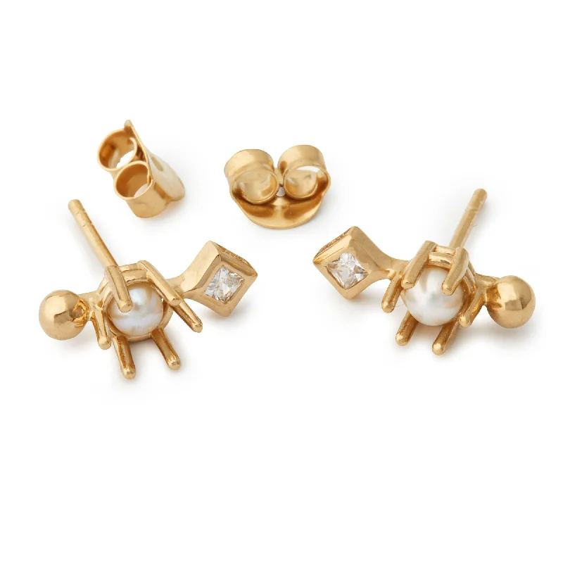 Elegant Drop Earrings-Princess Gold Plated Earring w. Pearl & Zirconia