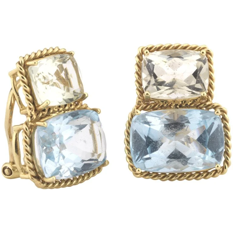 Luxury Designer Earrings for Women-18kt Yellow Gold Medium Two Stone Cushion Cut Clip Earring with Rope Twist Border