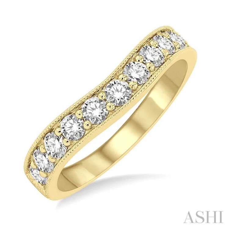 Custom Platinum Promise Rings-3/4 ctw Arched Round Cut Diamond Wedding Band in 14K Yellow Gold