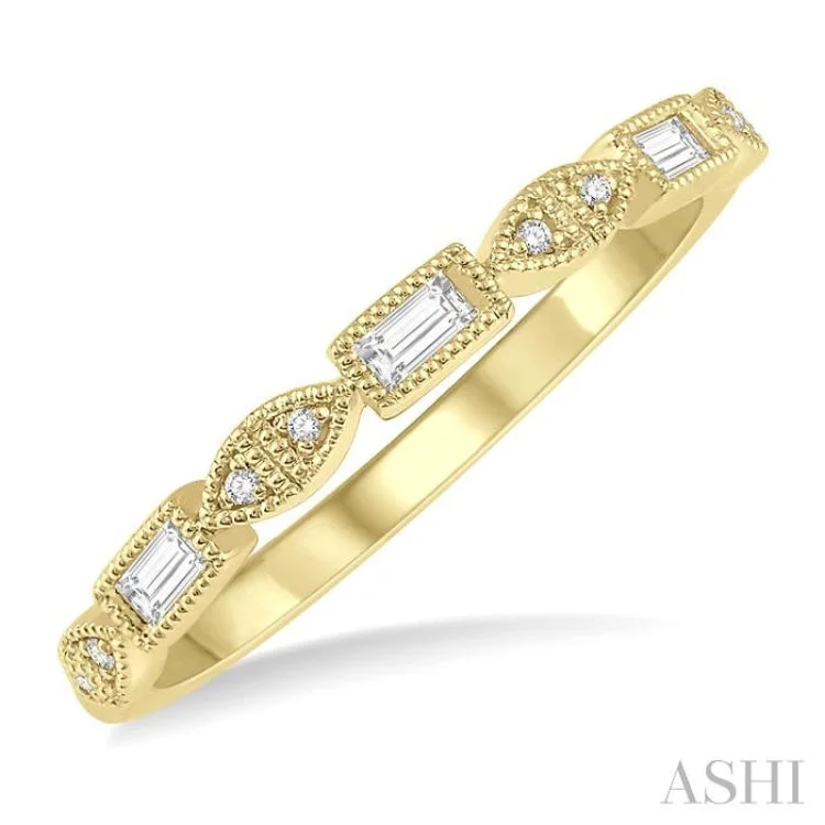 Men’s Engagement Rings with Colored Stones-1/10 ctw Baguette & Round Cut Diamond Stackable Band in 14K Yellow Gold