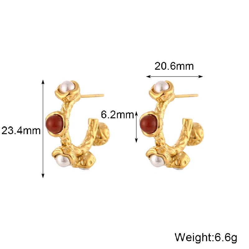 Pearl Ruby Branch C-shaped Earrings - Gold