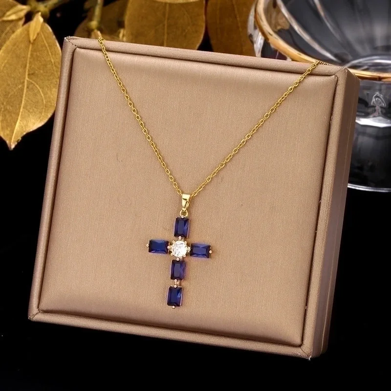 Love Heart Necklaces-Ethnic Style Cross Stainless Steel Inlay Zircon Pendant Necklace