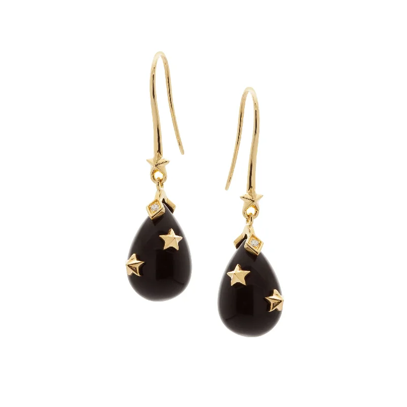 Crystal Dangle Earrings for Women-Hook Drop Black Gold Plated Earrings w. Onyx