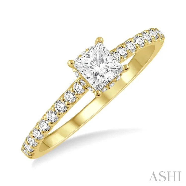 Custom Rings for Special Occasions-1/2 ctw Round Cut Diamond Engagement Ring With 1/4 ct Princess Cut Center Stone in 14K Yellow Gold