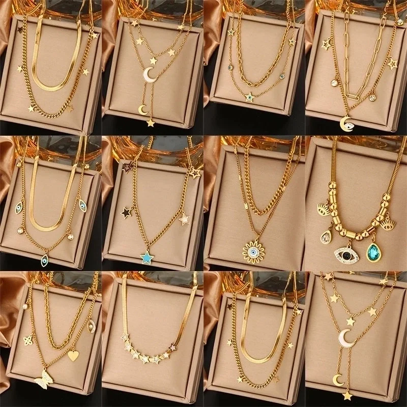 Birthstone Necklaces-316L Stainless Steel  18K Gold Plated Vintage Style Commute Plating Inlay Devil's Eye Star Moon Turquoise Rhinestones Layered Necklaces