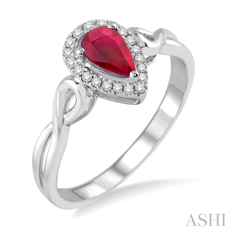 Classic Engagement Ring Styles-6x4 MM Pear Shape Ruby and 1/10 ctw Round Cut Diamond Ring in 14K White Gold