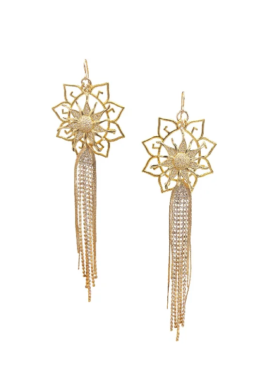 Custom Crystal Hoop Earrings-Gold Flower Crystal Tassel Earrings