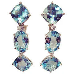 Unique Crystal Earrings-18kt White Gold Blue Topaz and Diamond Three Stone Cushion Drop Earring