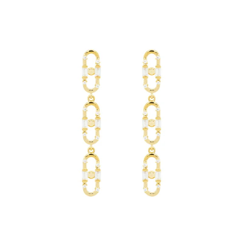 Designer Crystal Hoop Earrings-Baguette Paper Clip Gold Vermeil Earrings w. Zirconia