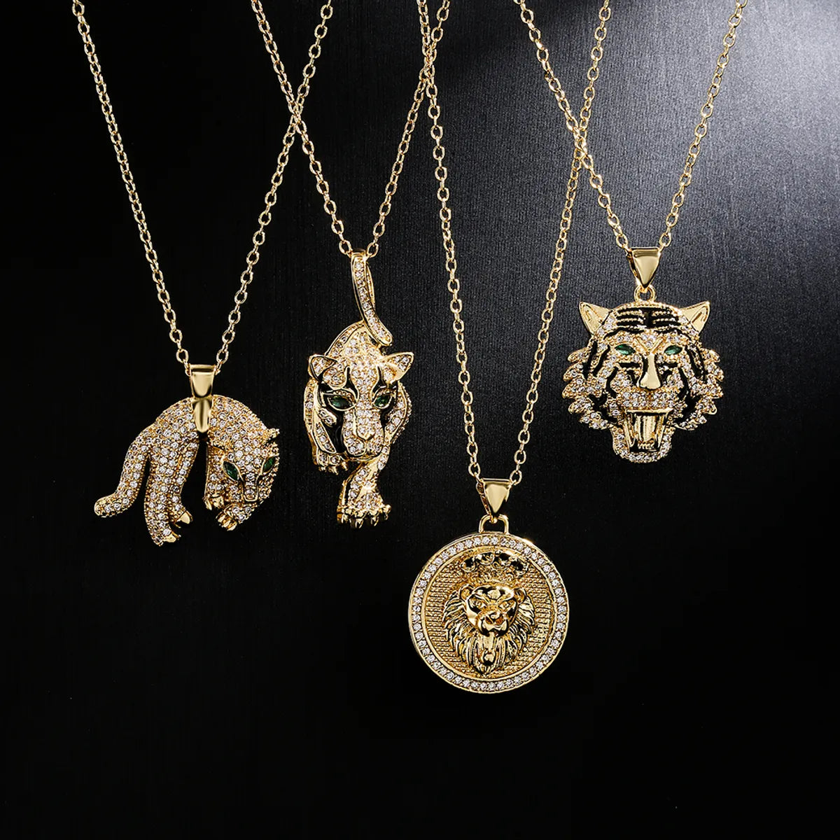 Classy Necklaces-Fashion Copper 18k Gold Plating Zircon Animal Necklace Tiger Leopard Lion Pendant