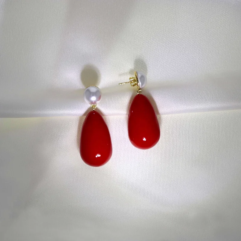 Designer Hoop Drop Earrings for Women-Drop Red & White Gold Plated Earrings w. Pearls