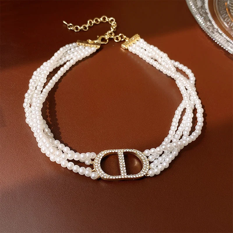 Diamond studded CD pearl multi-layered necklace