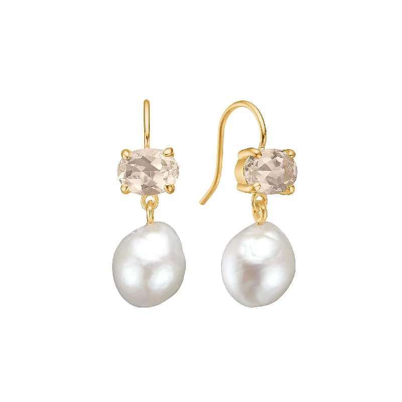 Customizable Silver Earrings-Unicorn 18K Gold Plated Earrings w. oval cut Quartz & Pearls