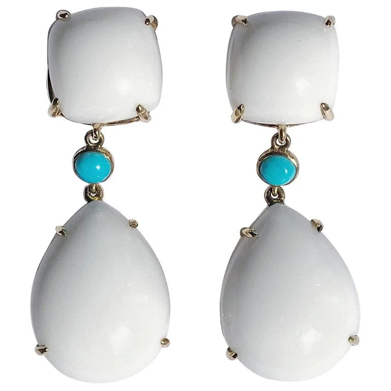 Sparkling Pearl Earrings-Yellow Gold Pear Drop Earring with White Jade and Bezel Set Turquoise Accent