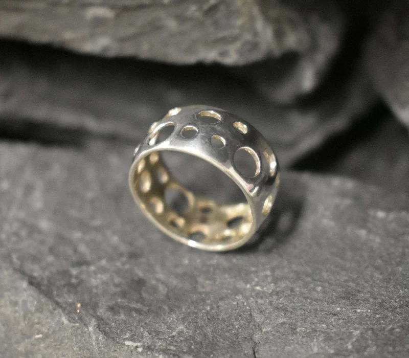 Stylish Promise Rings-Silver Holes Ring - Moon Crater Ring - Wide Silver Band