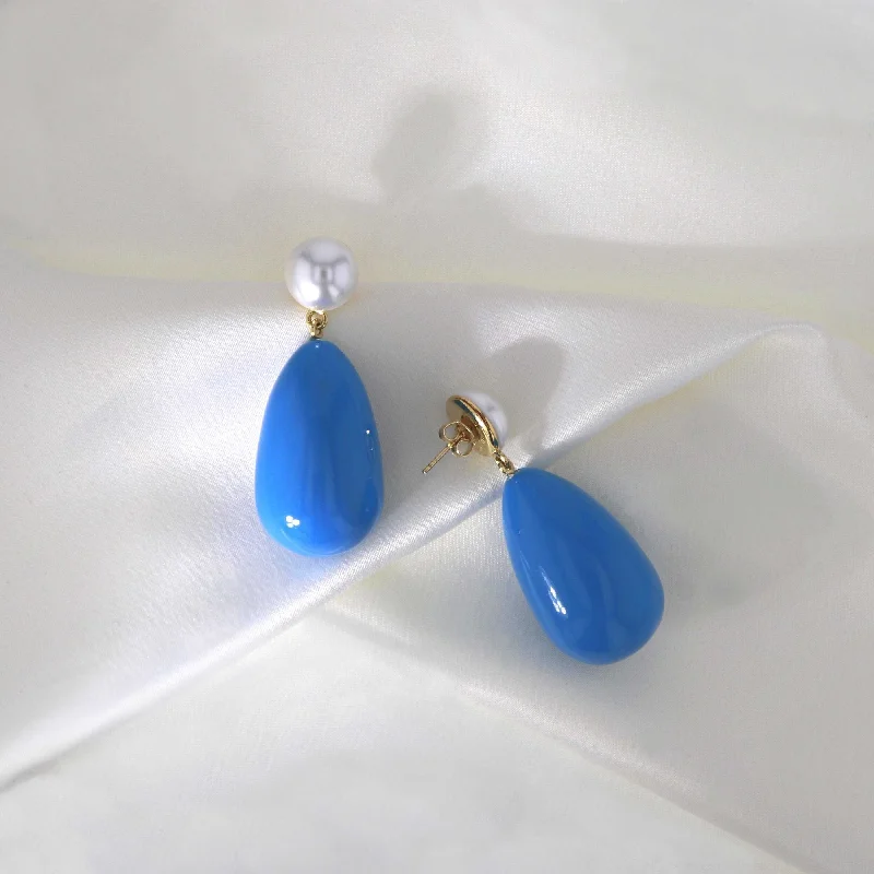 Designer Crystal Drop Earrings-Drop Blue & White Gold Plated Earrings w. Pearls