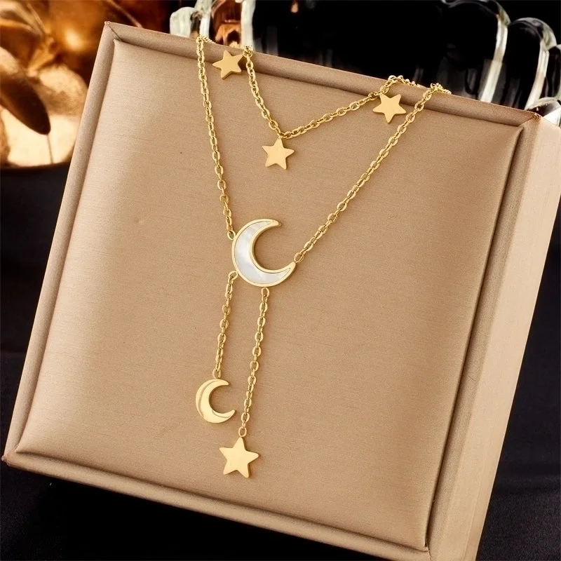 Sun Necklaces-Fashion Star Moon Titanium Steel Plating Layered Necklaces