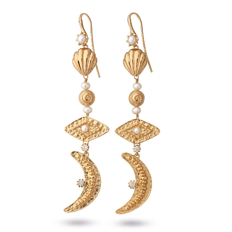 Handmade Gold Earrings-Ocean Moonlight Gold Plated Earring w. Pearls & Zirconias