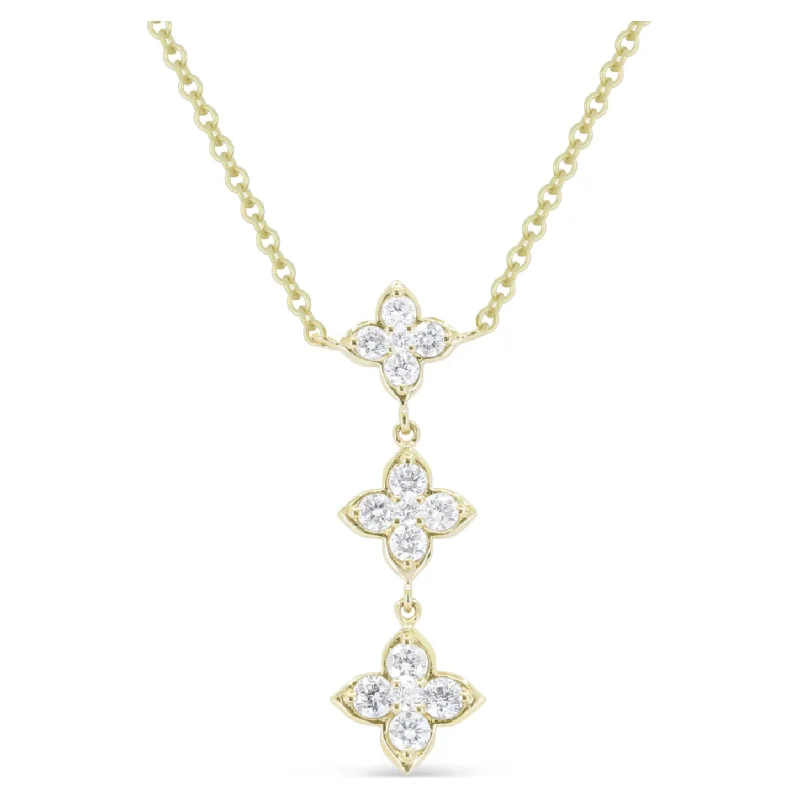 Birthstone Necklaces-14K Yellow Gold Diamond Flower Triple Drop Necklace