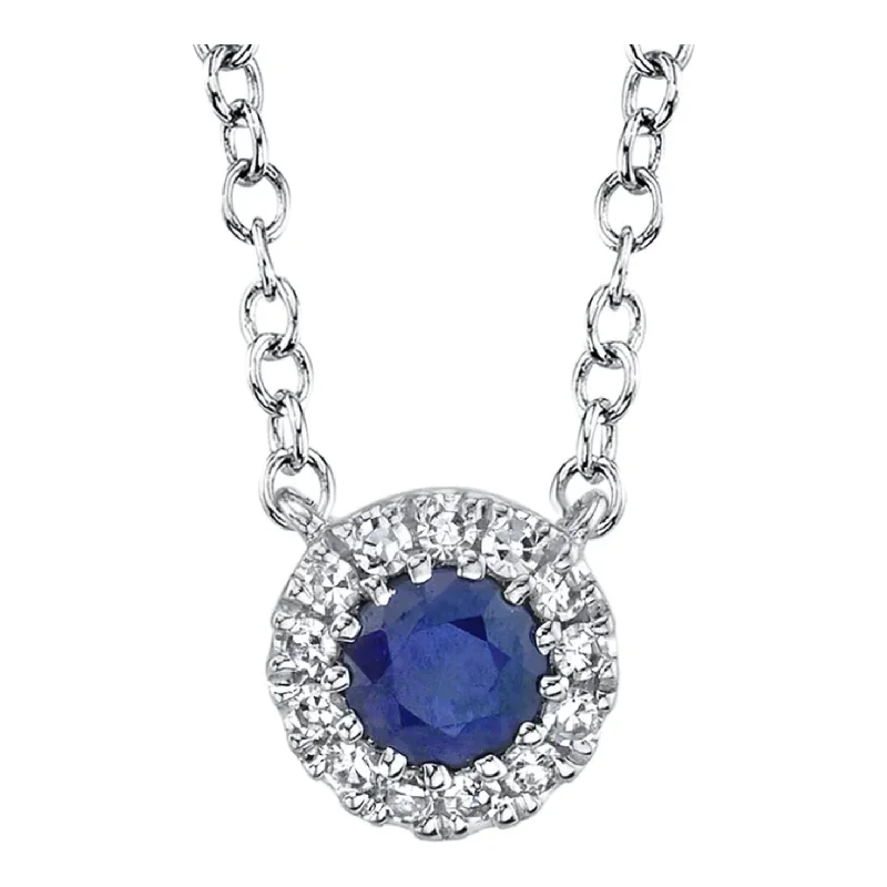 Engraved Necklaces-14K White Gold Diamond & Sapphire Halo Pendant Necklace