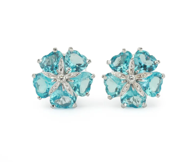 Trendy Silver Hoop Earrings-18kt White Gold Sand Dollar Earring with Blue Topaz and Diamonds