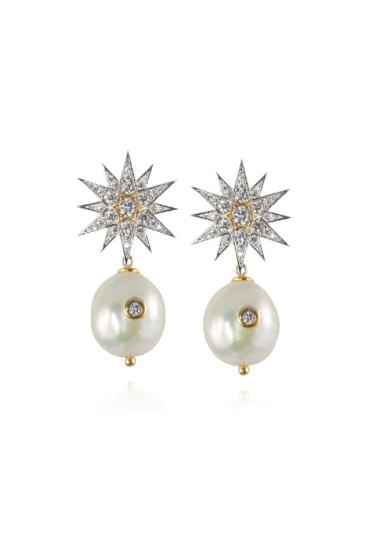 Designer Pearl Earrings-Star & Pearl Drop Silver Earrings w. Zirconia & Pearls