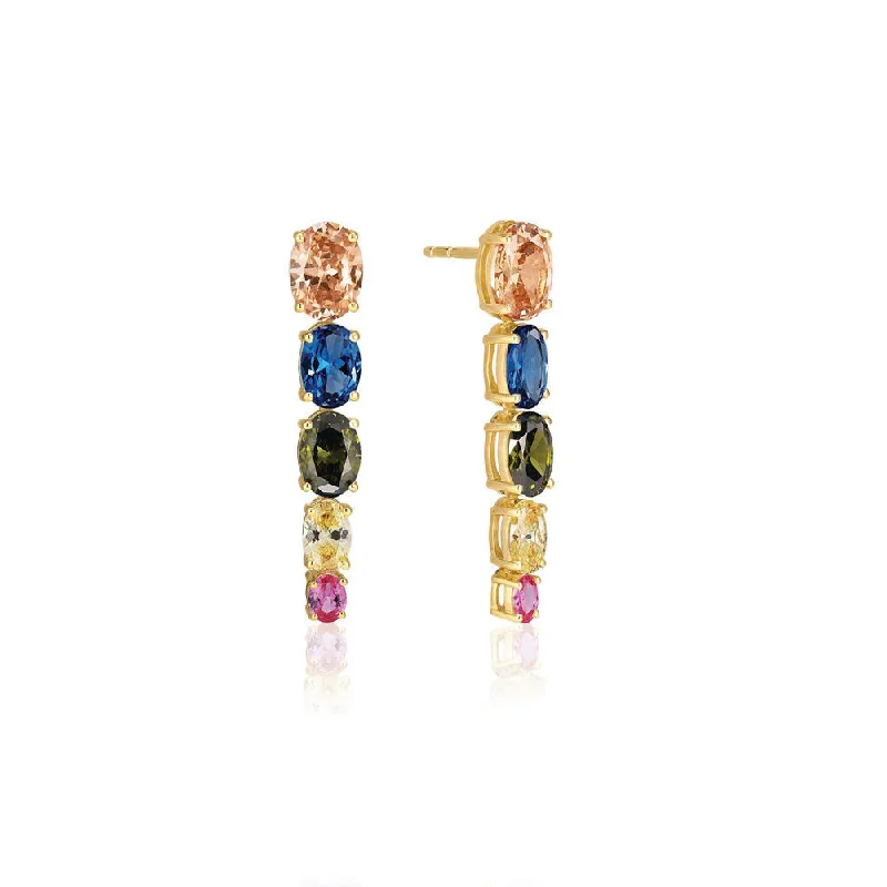 Simple Crystal Earrings-Ellisse Lungo Cinque 18K Gold Plated Earrings w. Colored Zirconias