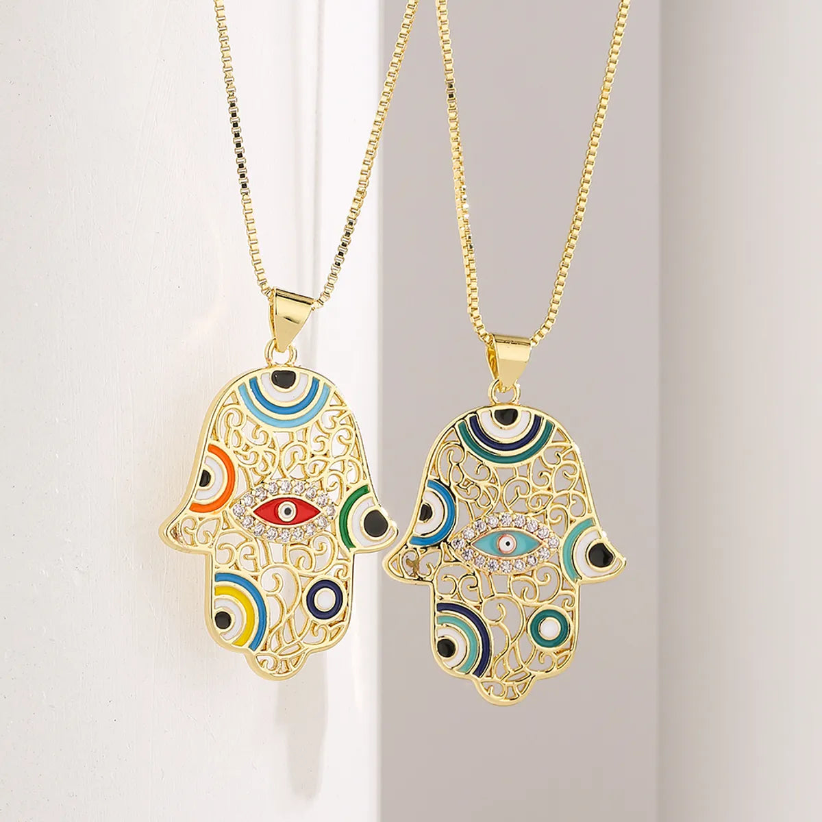 High-End Necklaces-1 Piece Fashion Devil's Eye Palm Copper Enamel Inlay Zircon Pendant Necklace