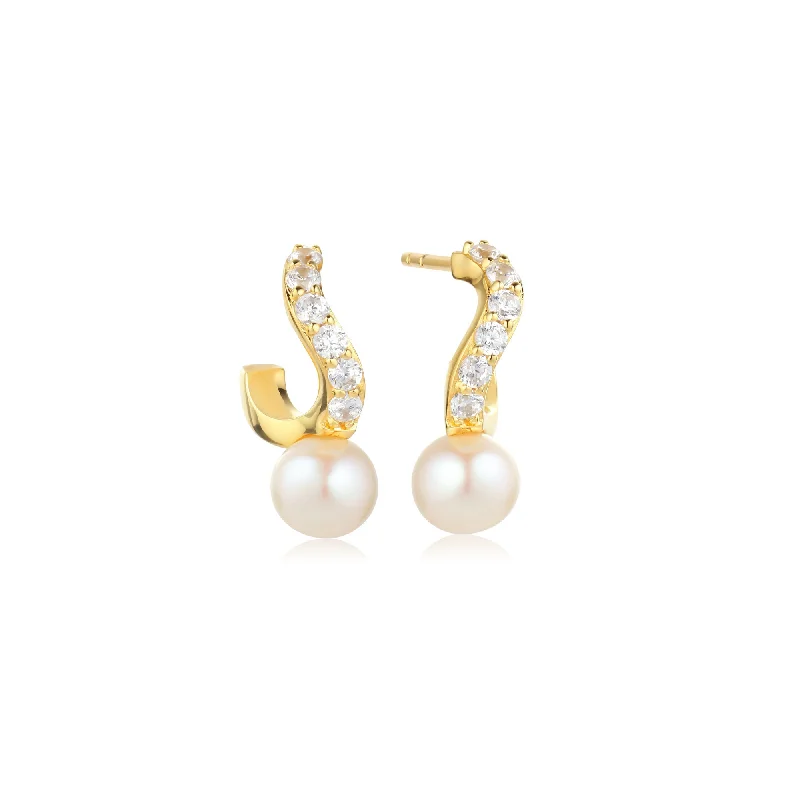 Luxury Gold Earrings-Ponza Small 18K Gold Plated Creols w. Zirconias & Pearl