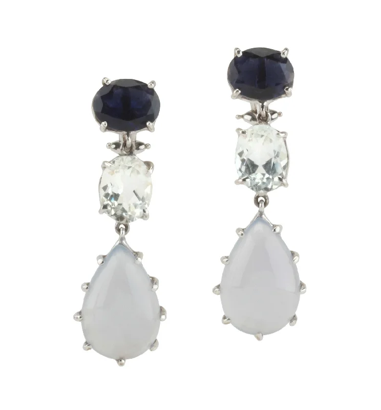 Modern Gemstone Hoop Earrings-18kt White Gold Three Stone Drop Earring with Iolite, Rock Crystal, and Chalcedony