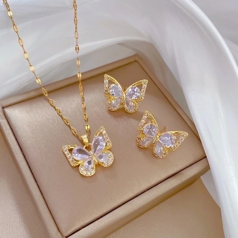 3D Printed Necklaces-Wholesale Lady Butterfly Titanium Steel Plating Inlay Zircon Earrings Necklace