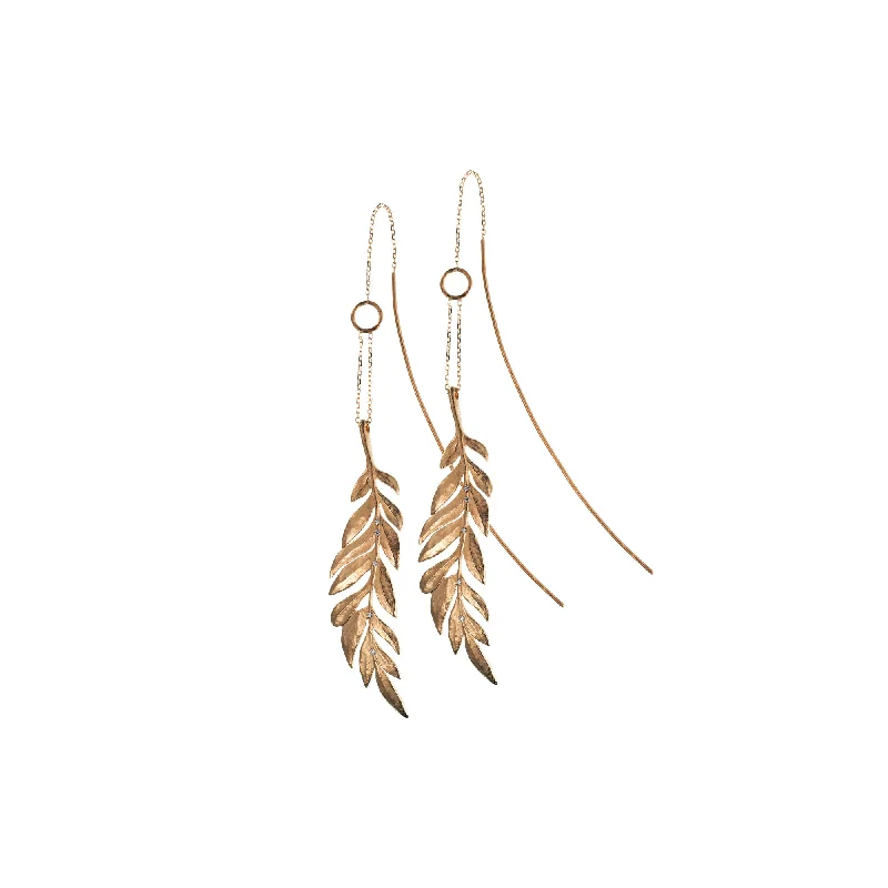 Designer Pearl Drop Earrings-Long Fern 14K Gold Earrings w. Diamonds