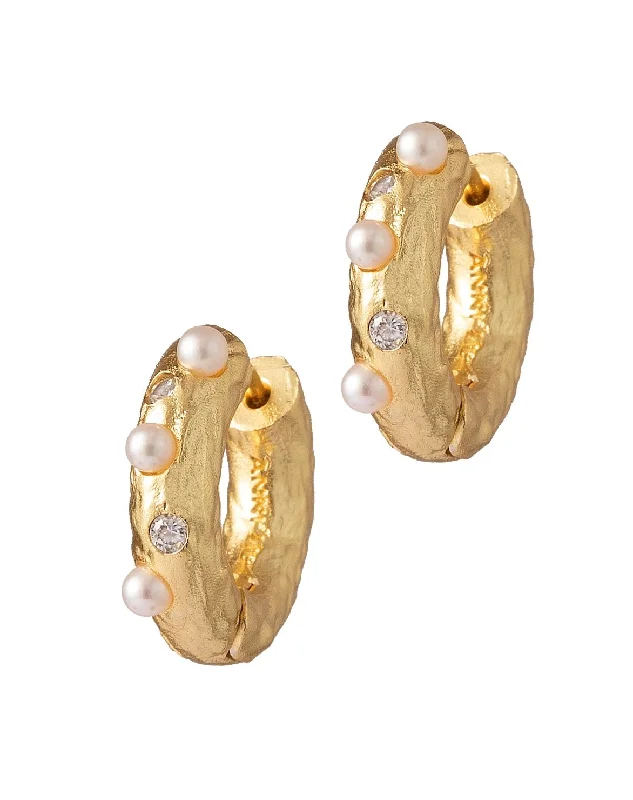 Unique Crystal Earrings-Gem In a Hoop Gold Plated Hoops w. Pearls