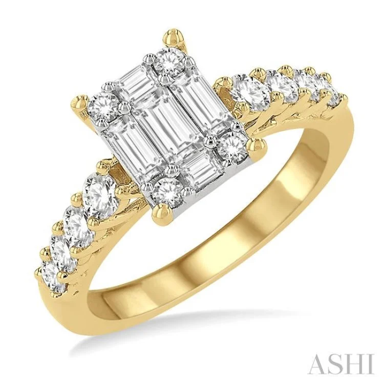 Men’s Personalized Rings-1.00 ctw Fusion Baguette and Round Cut Diamond Engagement Ring in 14K Yellow and White gold