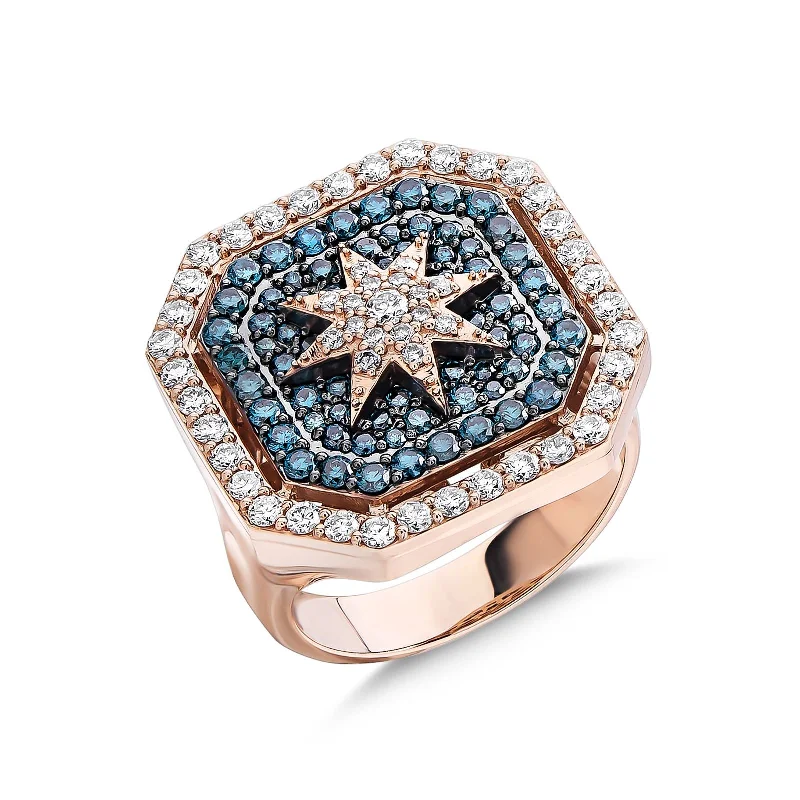 Custom Rose Gold Engagement Rings for Men-VENUS STAR GOLD BLUE DIAMOND RING