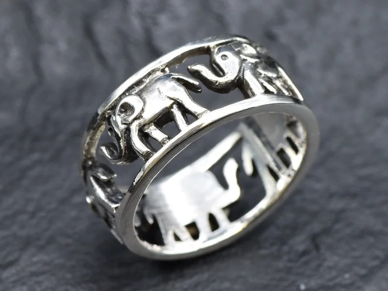 Men’s Wedding Bands with Diamonds-Silver Elephant Band - Silver Animal Ring - Small Elephant Ring