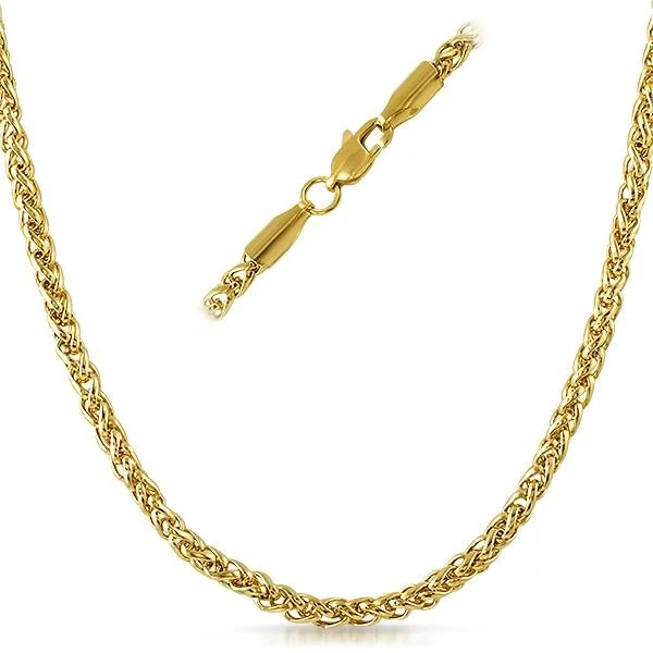 Vintage Style Necklaces-Basket Weave IP Gold Stainless Steel Chain Necklace  4MM