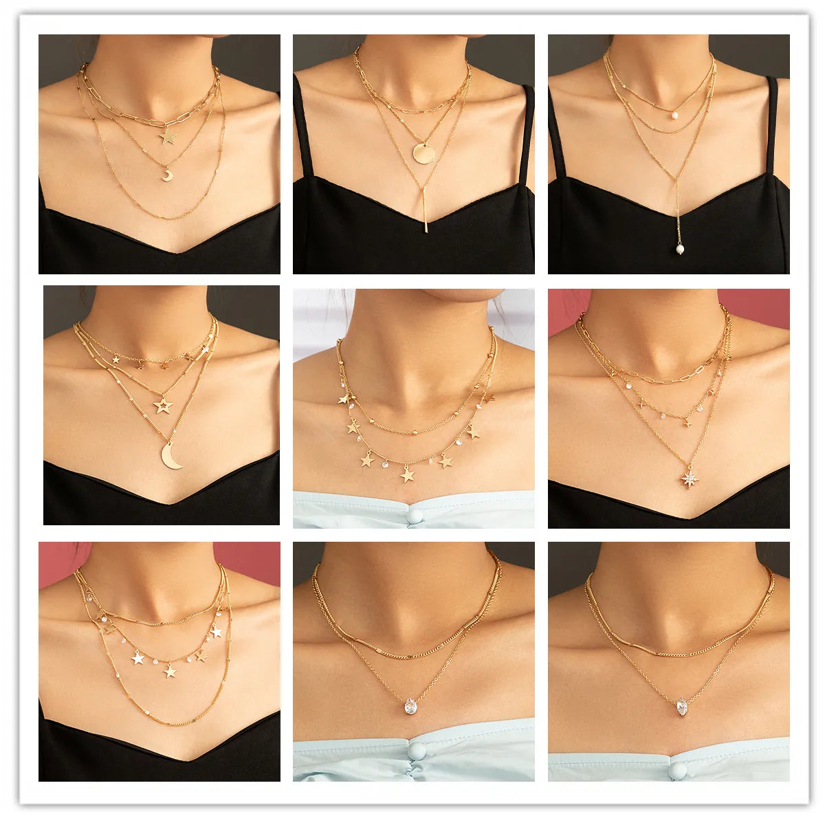 Bridesmaid Necklaces-Fashion Star Moon Copper Hollow Out Zircon Layered Necklaces 1 Piece