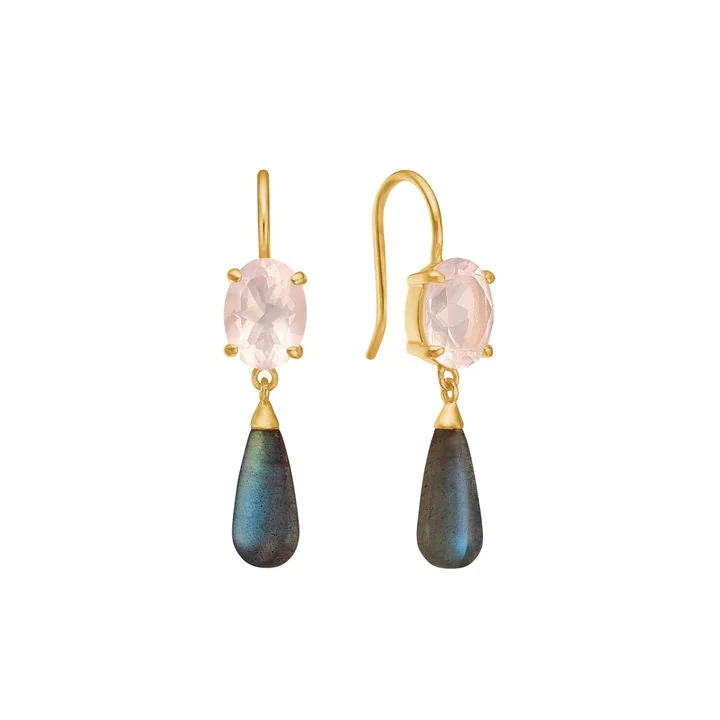 Colorful Stud Earrings-Rose Drop 18K Gold Plated Earrings w. Quartz & Labradorite