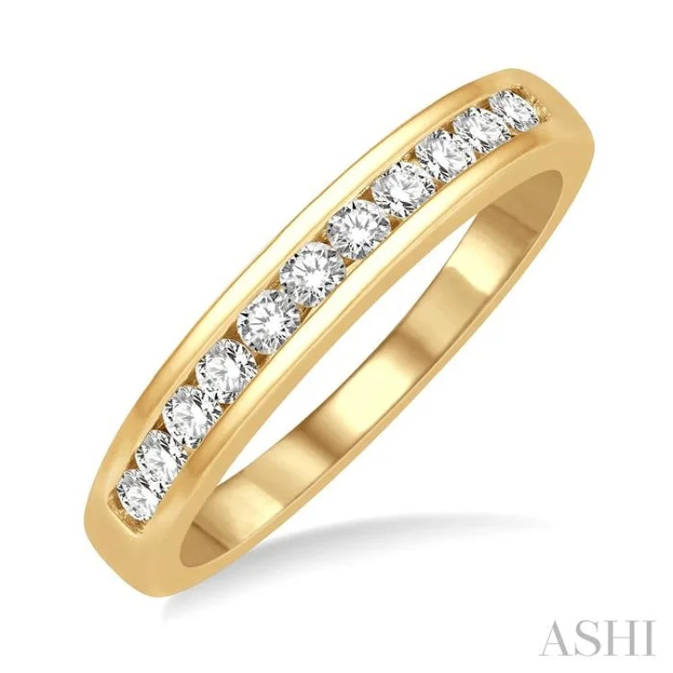 Handmade Diamond Wedding Bands-1/3 ctw Channel Set 11 Stone Round Cut Diamond Wedding Band in 14K Yellow Gold