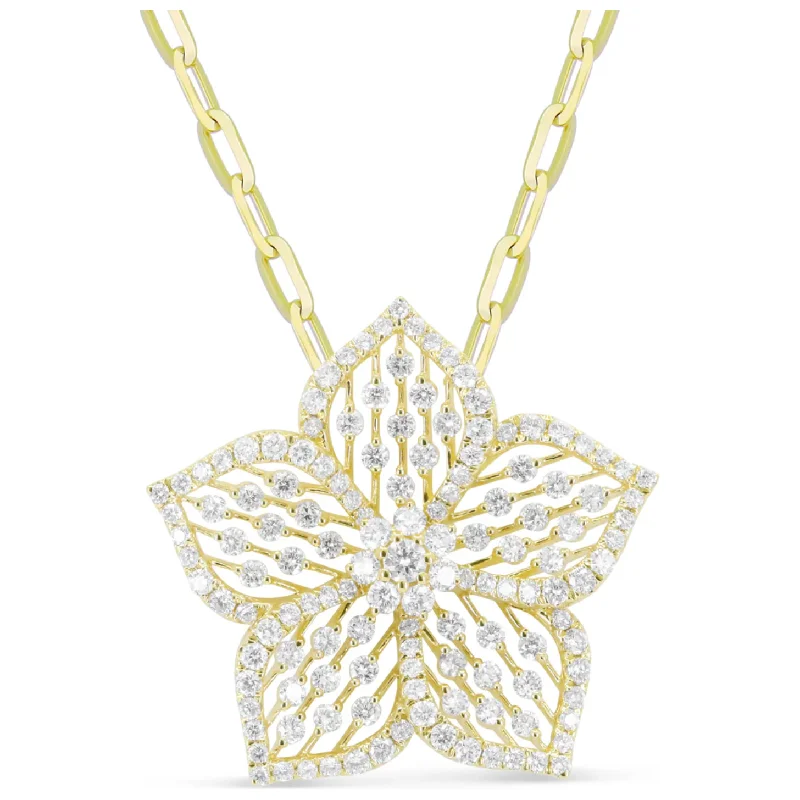 Pendant Necklaces-14K Yellow Gold Diamond Flower Pendant Necklace