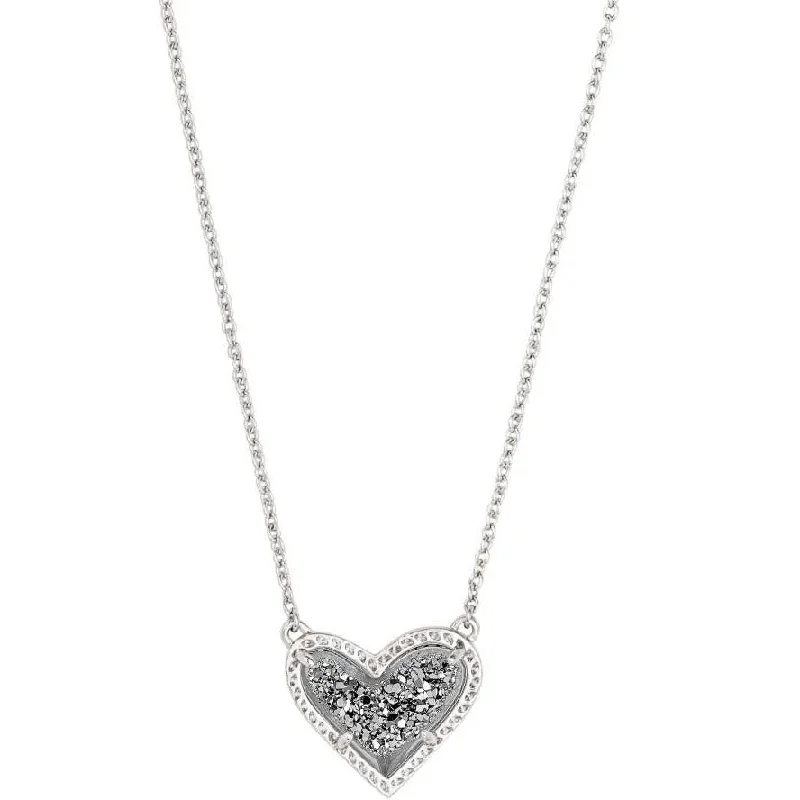 Luxury Diamond Necklaces-Kendra Scott Ari Heart Rhodium Pendant Necklace In Platinum Drusy