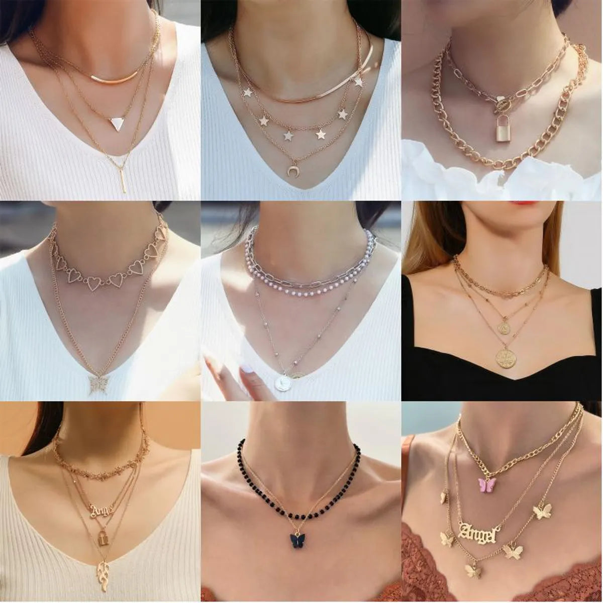 Bar Necklaces-Casual Lady Star Moon Butterfly Alloy Metal Brass Plating Inlay Rhinestones Pearl Zircon 18k Gold Plated Gold Plated Silver Plated Layered Necklaces Long Necklace Necklace