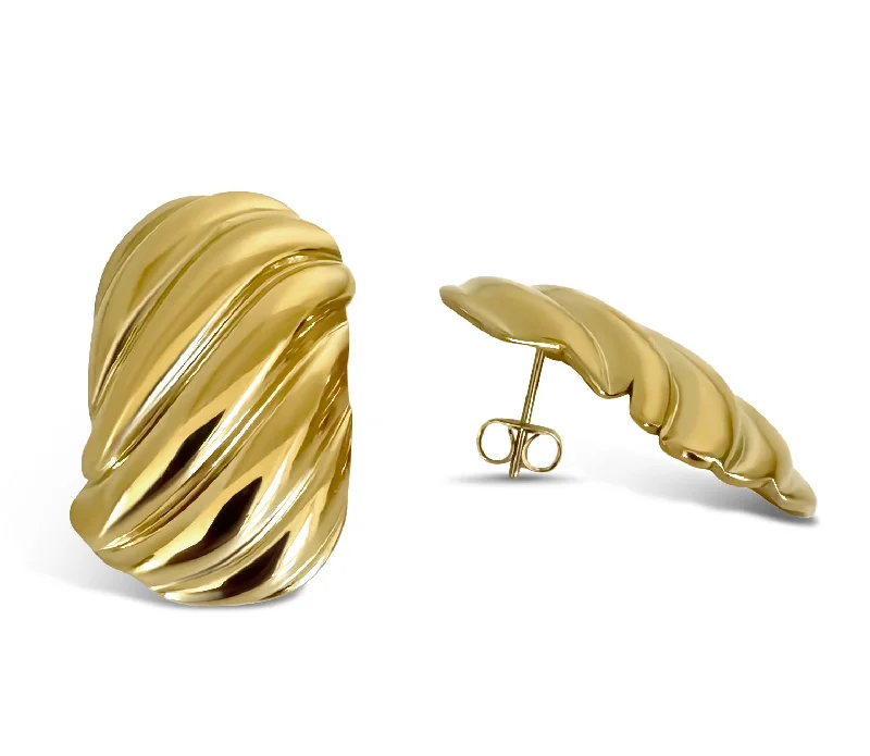 Trendy Hoop Drop Earrings-Chunky Ribbed 18K Gold Plated Earrings