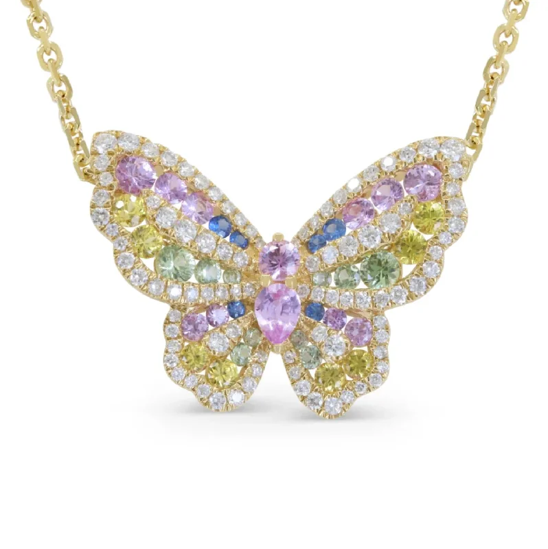 Long Necklaces-14K Yellow Gold Multi-Sapphire & Diamond Butterfly Necklace