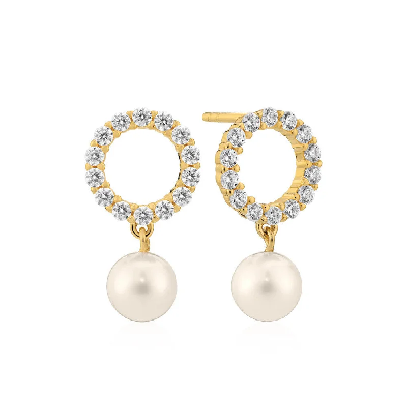 Handmade Crystal Hoop Earrings-Biella Perla Uno 18K Gold Plated Earrings w. Zirconia & Pearl