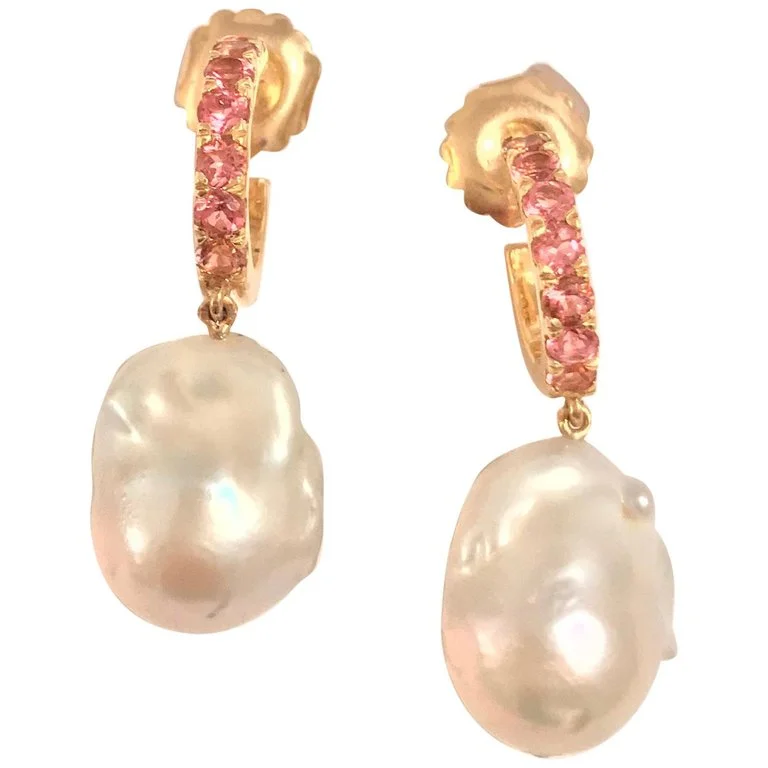 Trendy Drop Earrings for Women-18kt Yellow Gold Pink Topaz Hoop with Dangling Baroque Pearl with Diamond Accent