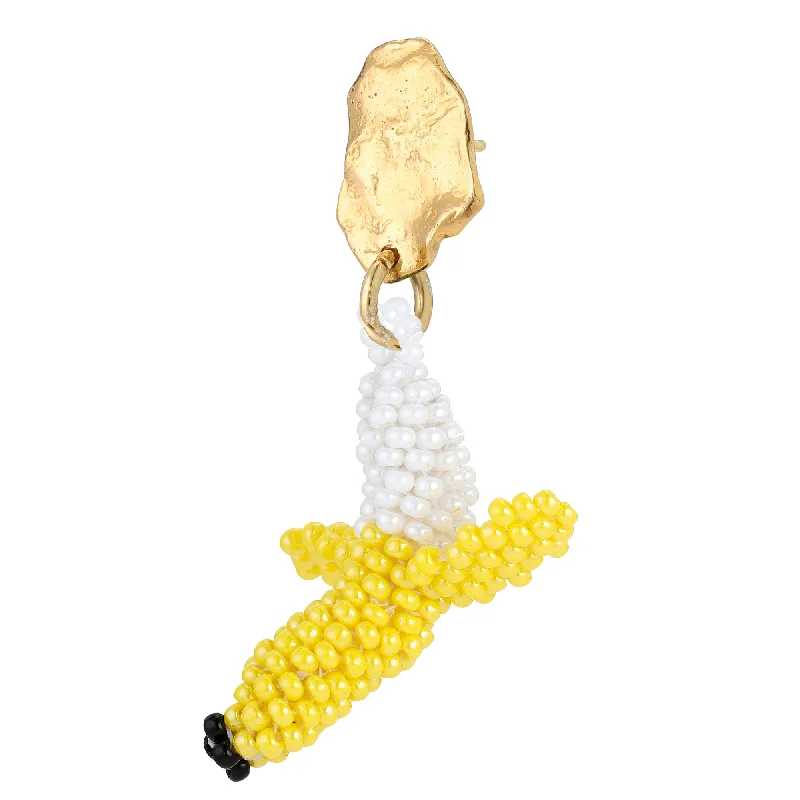 Elegant Drop Earrings-Banana Blob Earring Gold Plated, Yellow and White Beads