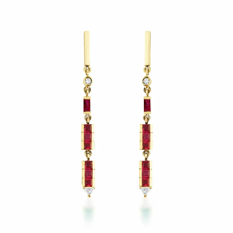 Crystal Gemstone Earrings-Artisia Bar 18K Gold Earrings w. Diamonds & Rubies