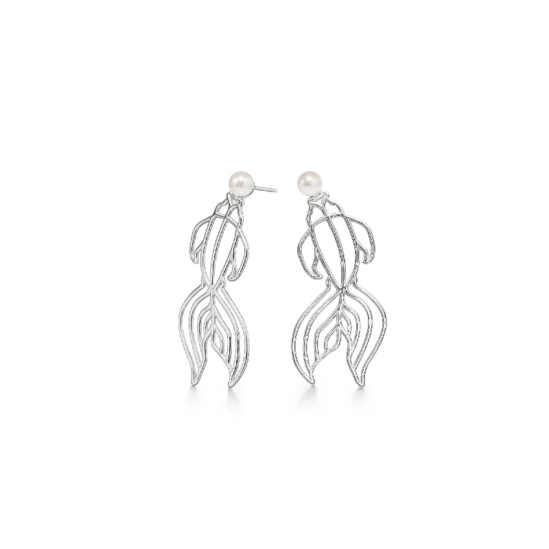 Simple Hoop Earrings for Women-Koi Silver Earrings w. Pearl